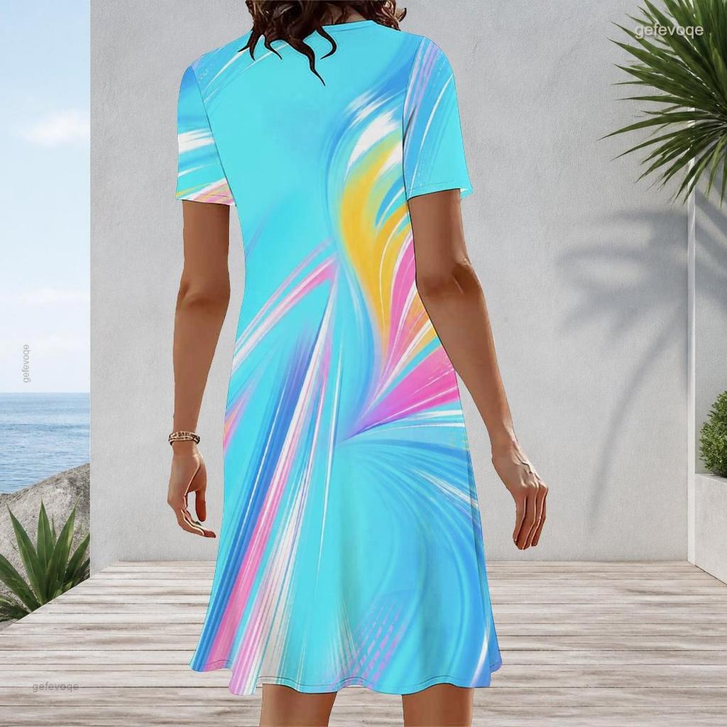 Women Plus Size Round Neck Short Sleeve A Line Bright Blue Swirl Printed Midi Dress