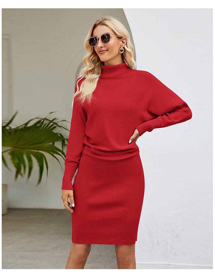 Temperament women's clothing solid color long knitted dress, minimalist temperament showing thin hip-wrapped turtleneck sweater skirt