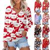 Women's Casual Fashion Sexy Comfort Christmas Prints V-Neck Button Long Sleeve T-Shirt Top