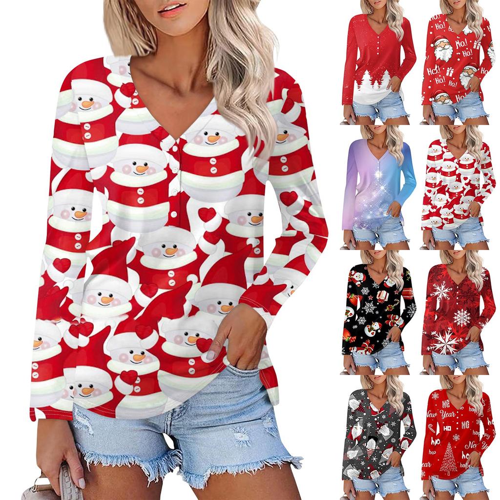 Women's Casual Fashion Sexy Comfort Christmas Prints V-Neck Button Long Sleeve T-Shirt Top