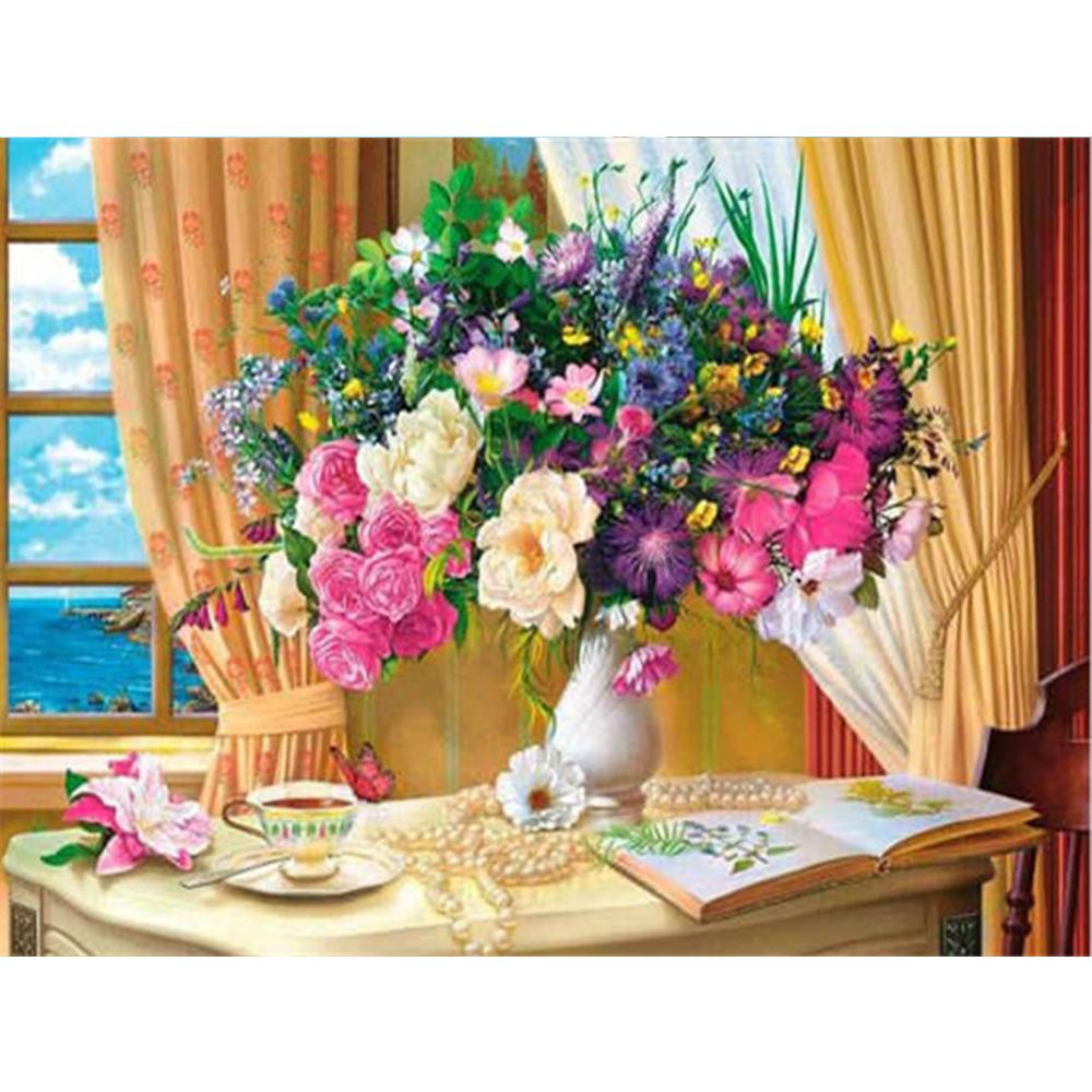 5D DIY Алмазная картина Цветочная мозаика Окно Полный дрель Алмазная вышивка Ремесленный комплект Изображение Горный хрусталь Домашний декор