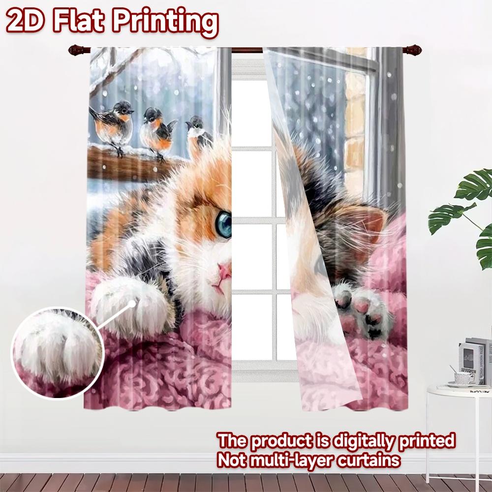 2D flat printing 2pcs Curtain Party Curtain Winter Cat by Window Digital Printed Polyester Drapes All Season Party & Holiday