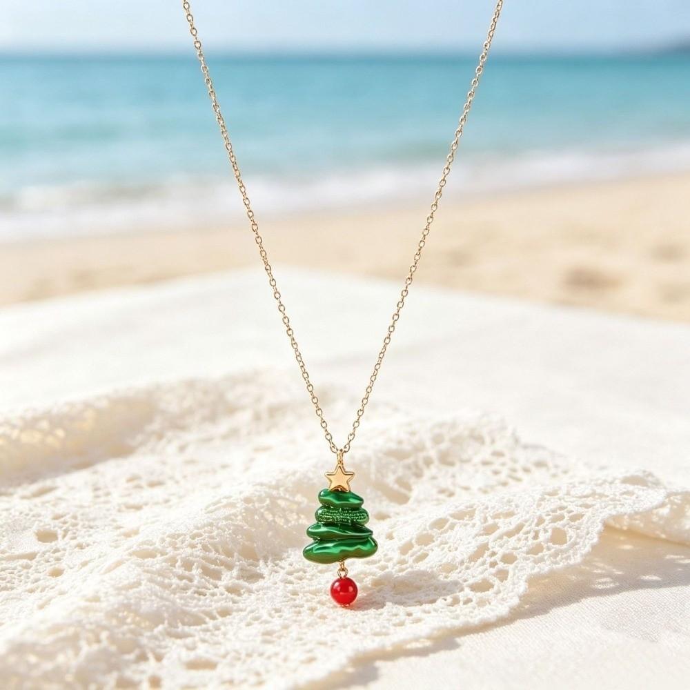 Elegant Christmas Tree Necklace Vintage Dangle Pendant Earrings Office Faux Pearl Jewelry Holiday