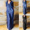 Lady Dress Solid Color Loose Denim Turn-down Plus Size Collar Long Sleeve Ankle Sexy Length Button Split Hem Plus