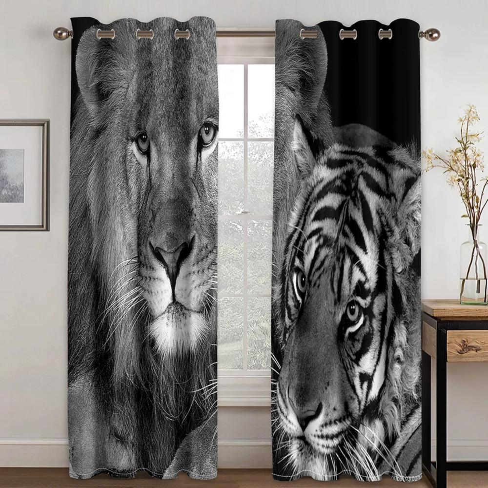 3D Digital Print Cheap Custom Animal Lion Tiger Two Thin Window Curtains for Living Room Bedroom Kitchen Office Decor 2 Pieces