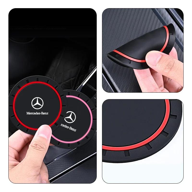 WXAKF1 Hot 2026 For Benz 2PCS Car Coasters Water Cup Slots Non-Slip Mat Waterproof Cup Pad For Mercedes Benz AMG A B C E S V Class A180