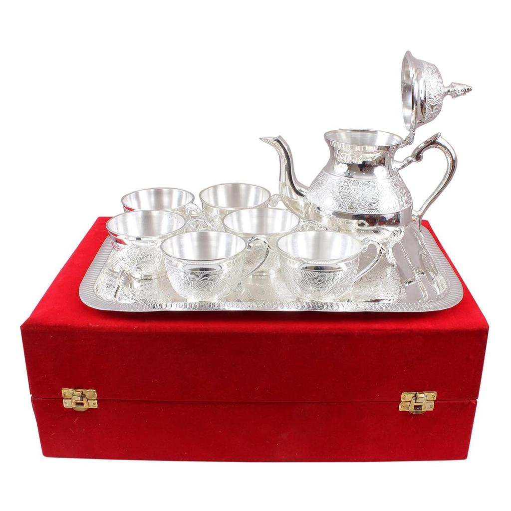 Посеребренный чайник с блюдом на 6 чашек и 1 подносом, сервировочная и столовая посуда, декоративный подарок на Дивали, 8 предметов, серебро