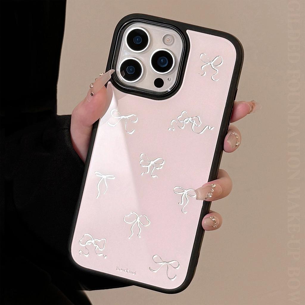 Gilded case suitable for iPhone 16 Pro Max, Apple 15, 13, 14, 17, with glass and light luxury pink bow