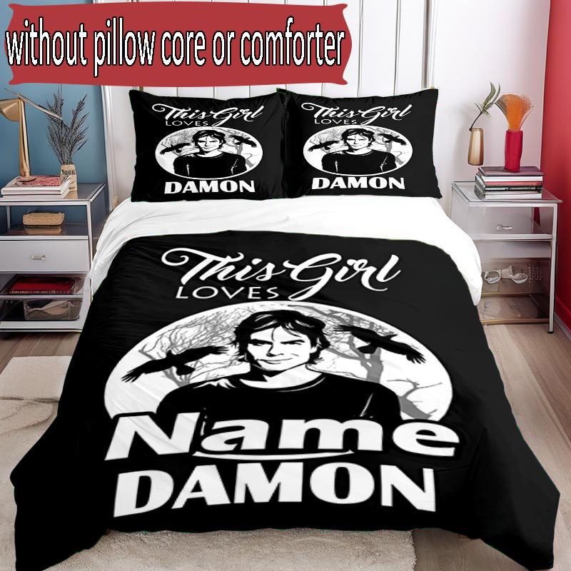 3pcs Duvet Cover Set (1*Duvet Cover + 2*Pillowcase, Without Core), Custom Name Damon Salvatore Pattern Bedding Set, Home Bedroom Decor Gift