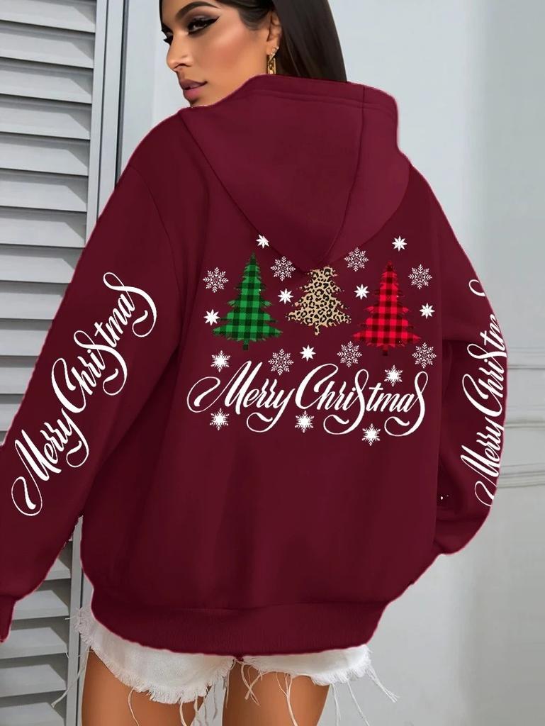 Merry Christmas Plaid Tree Print Hoodie Fall Hoodie Hip Hop Streetwear Sweater