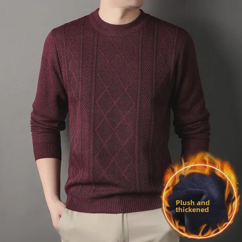 Men's Trendy Loose-Fit Round Neck Pullover Sweater, Autumn/Winter Plus Velvet Thickened Casual Wear