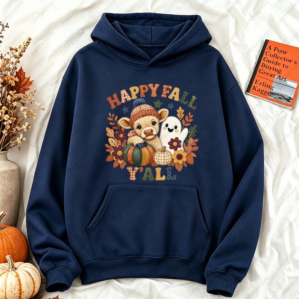 Happy Fall Y'all Highland Cow Ghost Pumpkin Graphic Hoodie Women Vintage Floral Autumn Holiday Casual Long Sleeve Loungewear