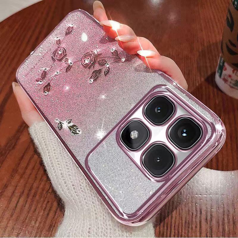 Чехол для телефона XiaoMi 14T 5G, Mi 14T Pro 5G Flash Pink Flower Прозрачный противоударный защитный чехол с роскошным бриллиантовым сиянием