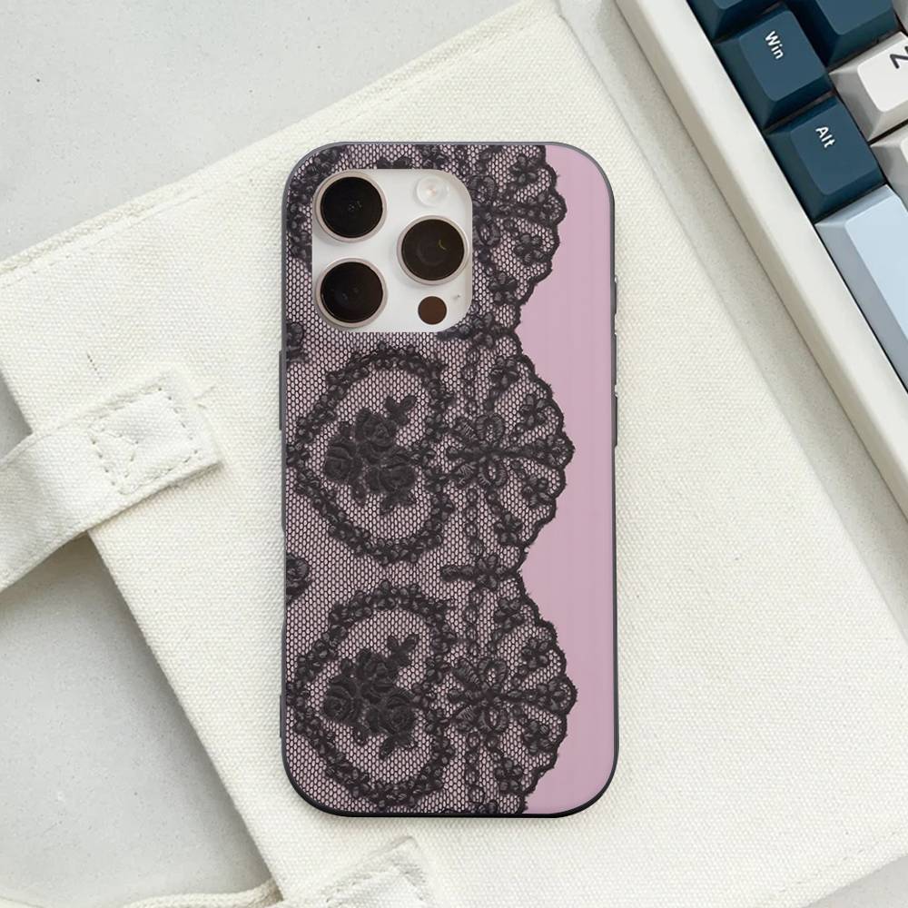 Black Lace Pattern Personalized Mobile Phone Case For IPhone 17 16 15 11 12 13 14 Pro Max Soft Corrugated Silicone Cover Case