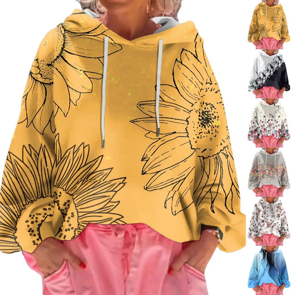 Women's Floral Print Loose Casual Long Sleeved Hooded Sweatshirt