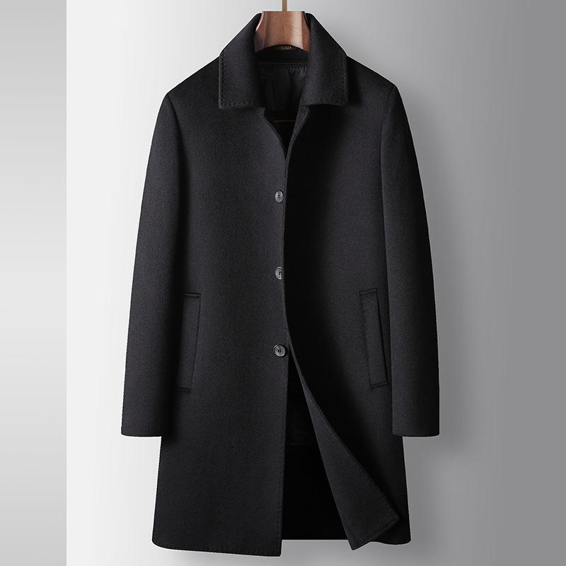 Мужское шерстяное пальто осень и зима средняя и длинная куртка Executive Lapel Take-off Goose Down Linen Двустороннее шерстяное пальто для деловых людей среднего возраста