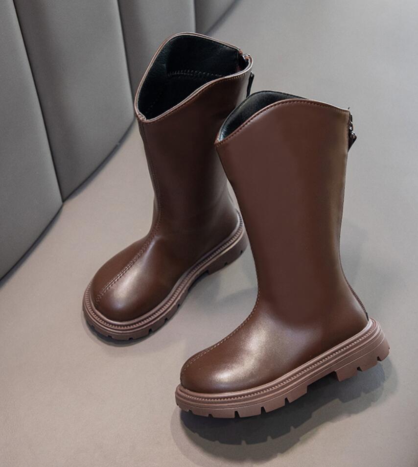 Fashion Girls' Long Boots 2024 Winter New British Style Black Children's Knight Boots Princess Girl Back Zipper Knee-High Boots 4-15 Yea