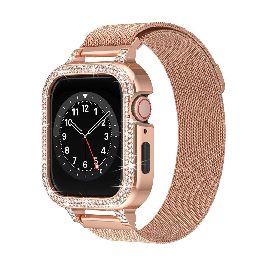 Роскошный металлический ремешок + чехол для Apple Watch Series 9 8 7 6 5 SE 4 38/40/41/42/44/45 мм браслет с бриллиантами и жемчугом для iWatch UItra 2