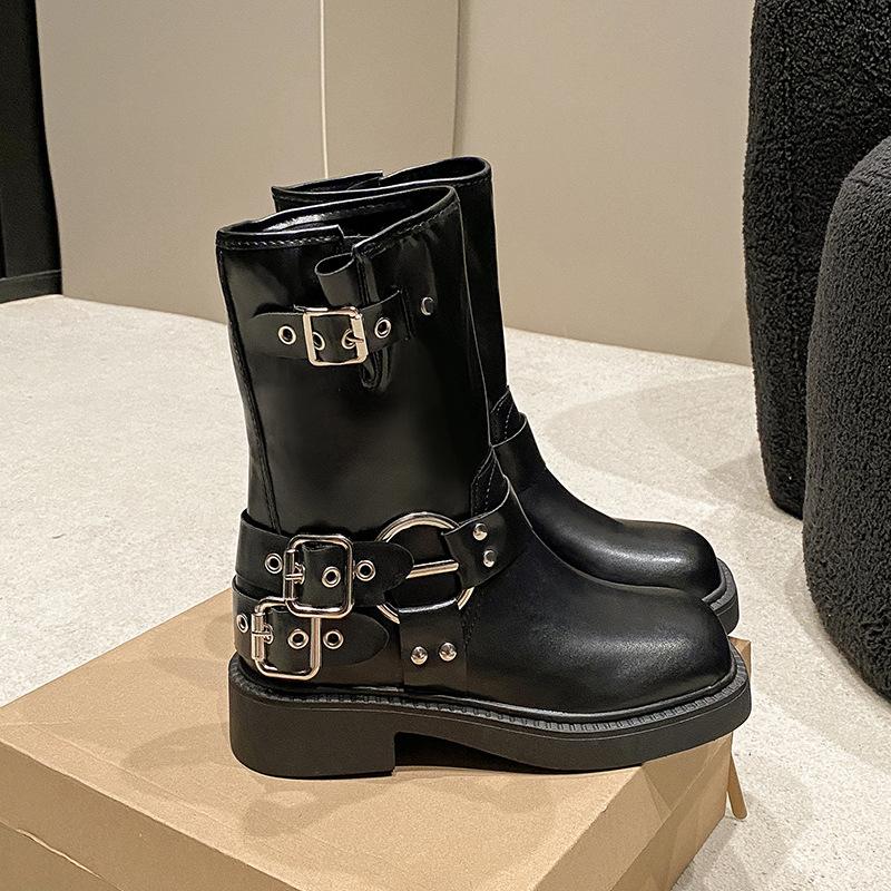 Ремень пряжка толстый каблук коричневые ботинки Martin 2024 новые осенне-зимние ретро но короткие женские сапоги до колена рыцарские модные сапоги