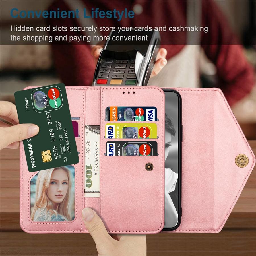 Wallet Skin-feeling Multi-card Zipper With Lanyard Leather Case For iPhone 14 Pro Max Samsung Galaxy A13 A33 A53 Xiaomi Redmi Note 11 Huawei P30 Lite