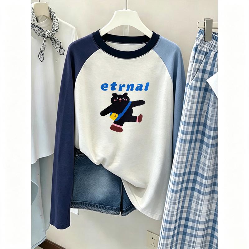 Девочковая хлопковая футболка с длинным рукавом в корейском стиле Color Block - Весенне-осенний пэчворк топ