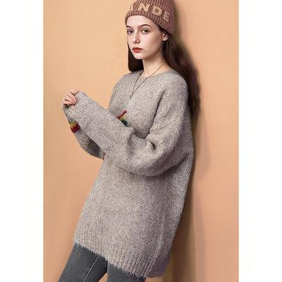 Новый осенне-зимний женский вязаный свитер свободного кроя - Радужный узор, круглый вырез, вышивка, мягкий и удобный вязаный топ