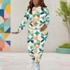 Women Plus Size Round Neck Long Sleeve Printed Floral Plaid Two Piece Pants Set