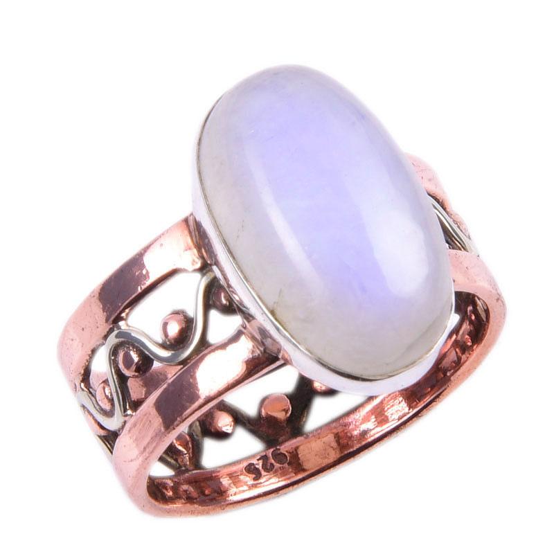 Natural Rainbow Moonstone Gemstone 925 Sterling Silver Two Tone Ring Size 7 A5i85
