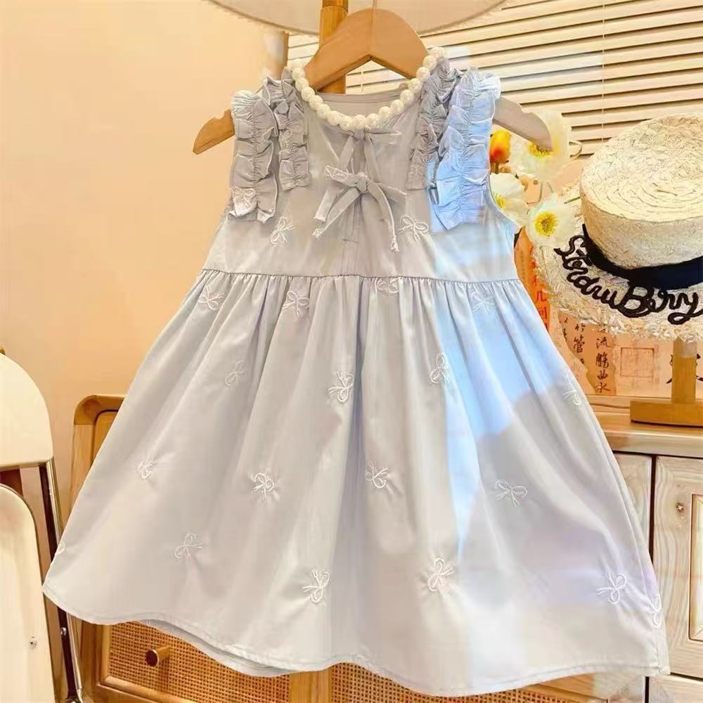 Light Blue Ruffle Strap Sleeveless Baby Blouse, Chinese Frog Button Bow Embroidery Loose Toddler Tank Top