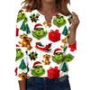 Women's Fashion Casual V-Neck Long Sleeve Decorative Button Christmas Print Top