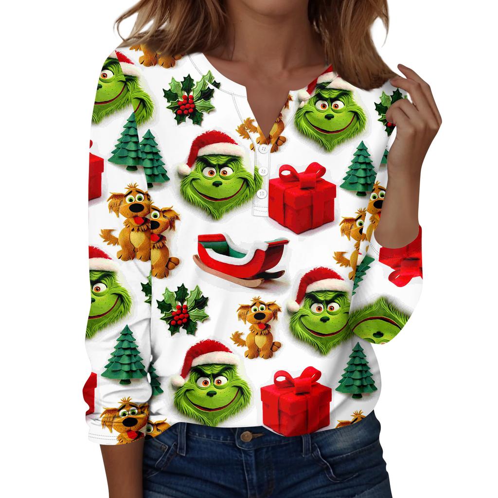 Women's Fashion Casual V-Neck Long Sleeve Decorative Button Christmas Print Top