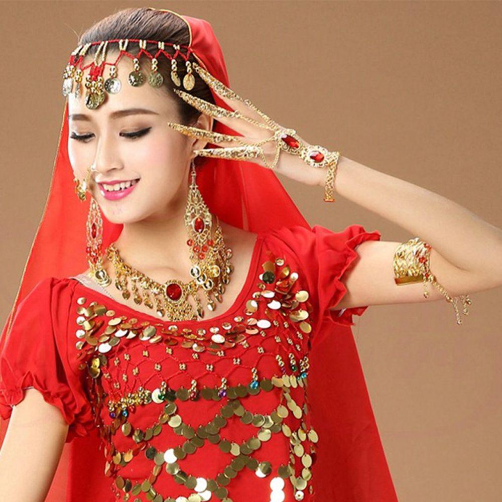 Gift Indian Thai Red Gem Nail Rings Golden Finger Bracelet Knuckle Rings Belly Dance Bracelet