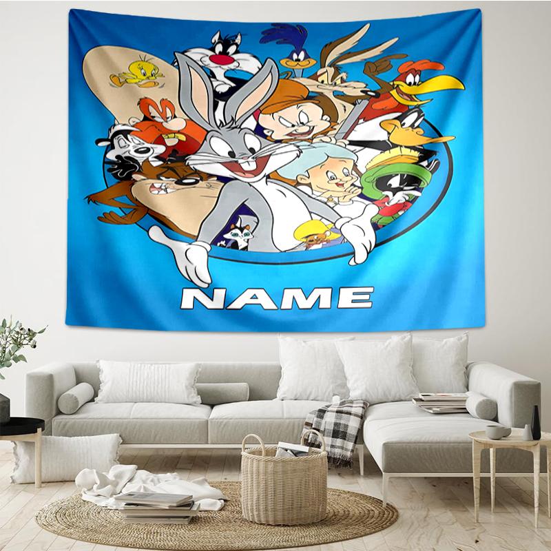 Custom Name Looney Tunes Print Tapestry, Backdrop, Easy Setup, Ideal for Bedroom, Office & Living Room, with Aesthetic Wall Hanging Decor.