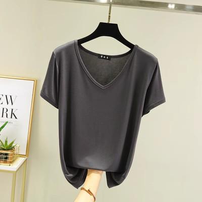 Women Solid Color Modal V‑Neck Short Sleeve T‑shirt Plus Size Loose Casual Top Thin Inner Base Shirt Daily Wear Tee M‑XXL