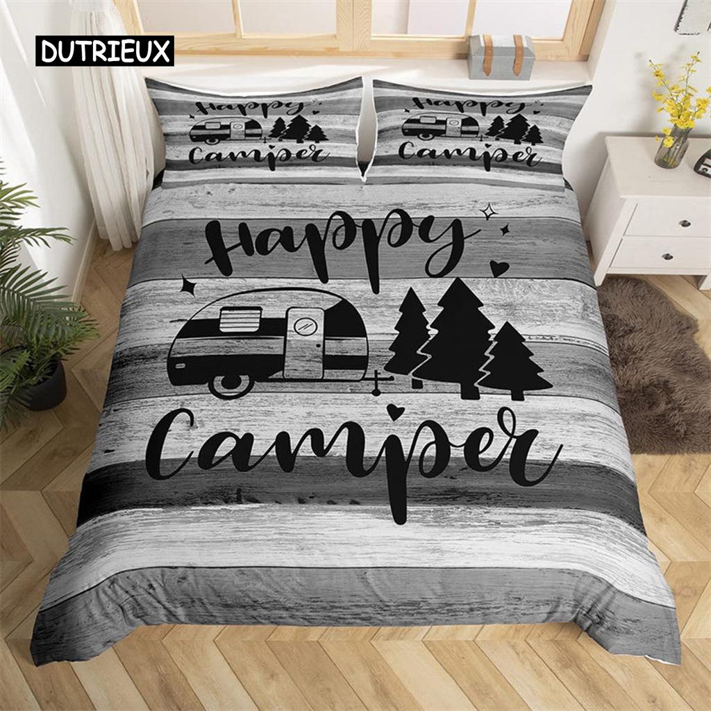 Пододеяльник в деревенском стиле с рисунком в виде эскиза, наволочка из полиэстера с рисунком Happy Camper, наволочка для пододеяльника в стиле старого амбара