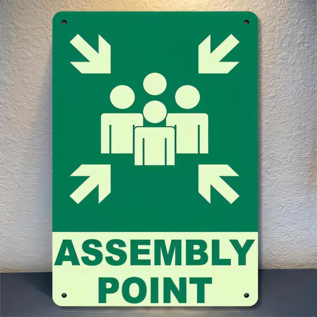 Tin Sign Assembly Point Safety Emergency Exit Symbols Green Retro Metal Wall Plaque Industrial Warning Decor for Garage Wareho