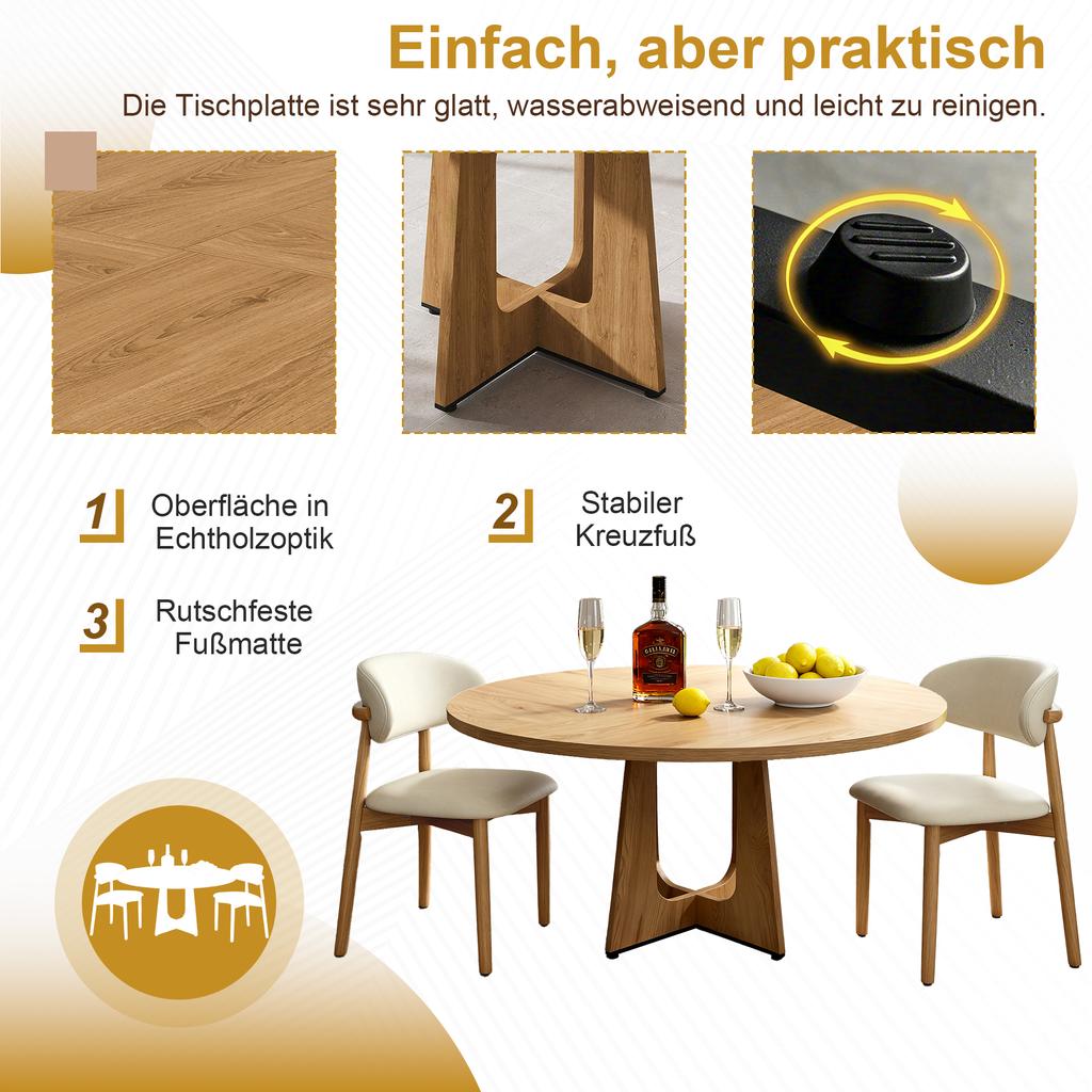 Modular Round Dining Table Set with 1 Table and 2 Chairs, Table Top MDF with Oak Veneer, Chairs Made of Solid Oak Veneered in Natural Wood Color
