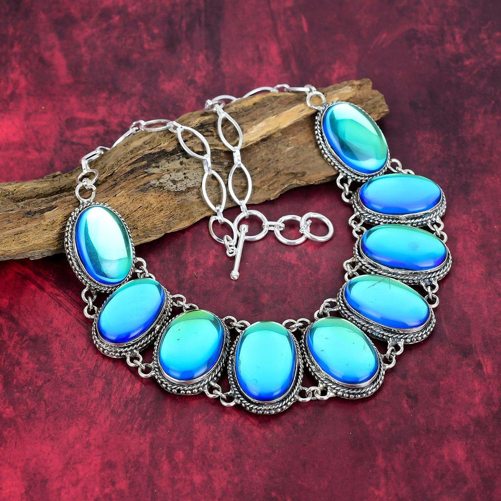 Мистический опал, драгоценный камень, комплект ювелирных изделий из стерлингового серебра 925 пробы, ожерелье и браслет ручной работы, комплект ювелирных изделий для женщин