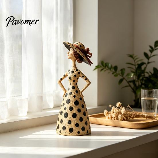 Настольные акценты для кабинета, Винтажная смоляная скульптура кошки и дамы, Художественные полосатые статуэтки, Коллекционная фигурка, Элегантный орнамент в горошек, Новоселье