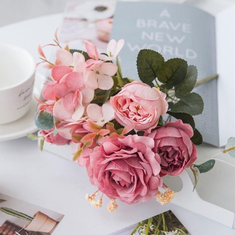 2 пучка искусственных цветов пиона, ретро шелковая роза, гортензия, винтажный свадебный букет, домашнее свадебное украшение, искусственный цветок