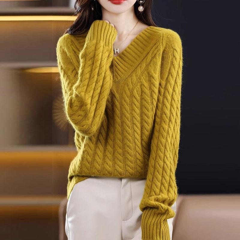 Пуловер на осень и зиму, женский трикотаж с v-образным вырезом, витой цветок, свободный вязаный однотонный короткий пуловер с длинными рукавами, женский свитер