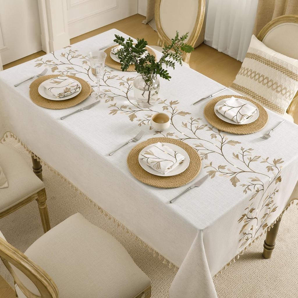Boho Linen Cotton Tablecloth with Tassels Heavy Maple Vine Floral Farmhouse Table Cover Decor