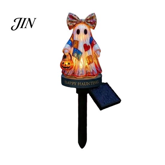 Terrace Garden Light Solar Ghost Stake Light, Halloween Pumpkin Lantern with Bow Indoor Window Decoration Decor, Waterproof Resin Outdoor Yard