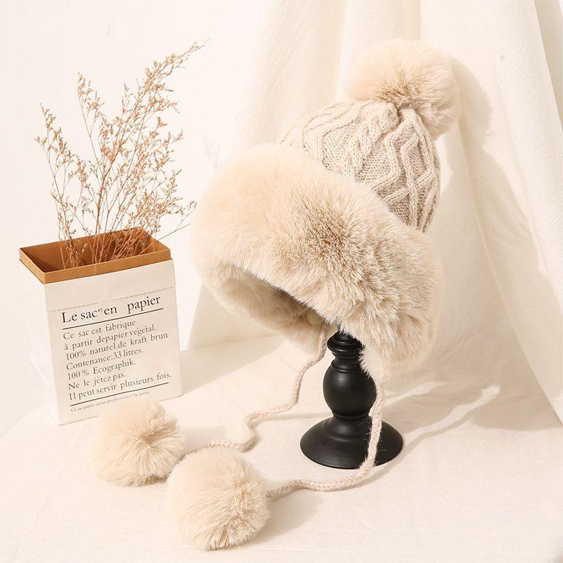 Hunting-Style Women's Faux Fox Fur Pom-Pom Earflap Hat Wool Knit Business Travel Ski Beanie 100% Polyester
