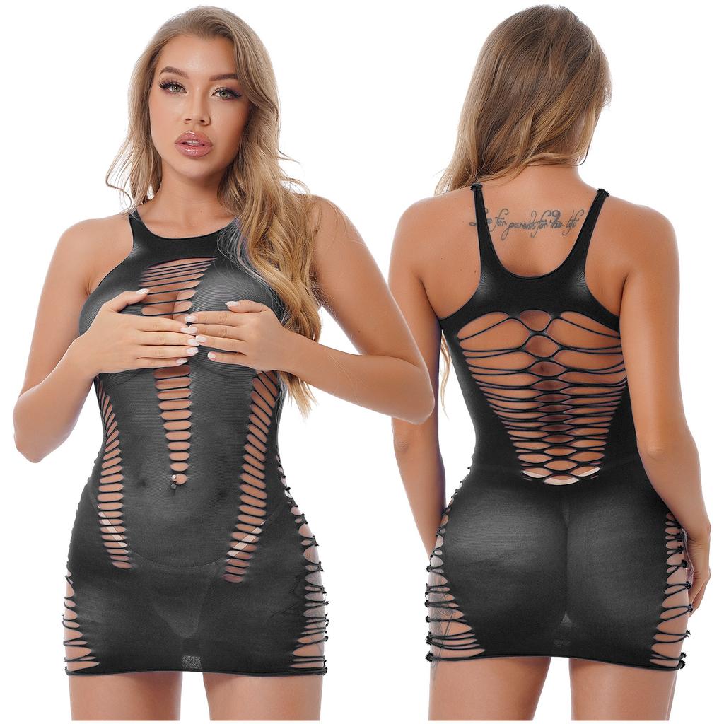 Womens Hollow Out Babydoll Mini Dress Sleeveless Bodycon Clubwear Nightgown Sleepwear