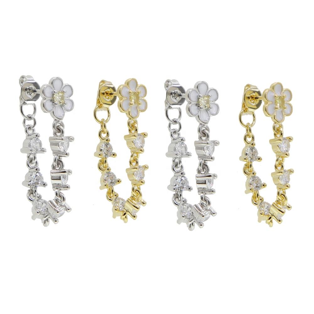 Promotion Cz Long Tassel Chain Double Piercing Flower Earring with White Zircon Bling Stud Earring Women