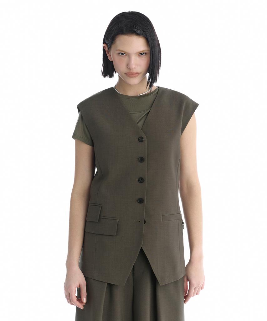 Treemingbird Minimal Button-Detail Set-Up Vest [ Khaki ]