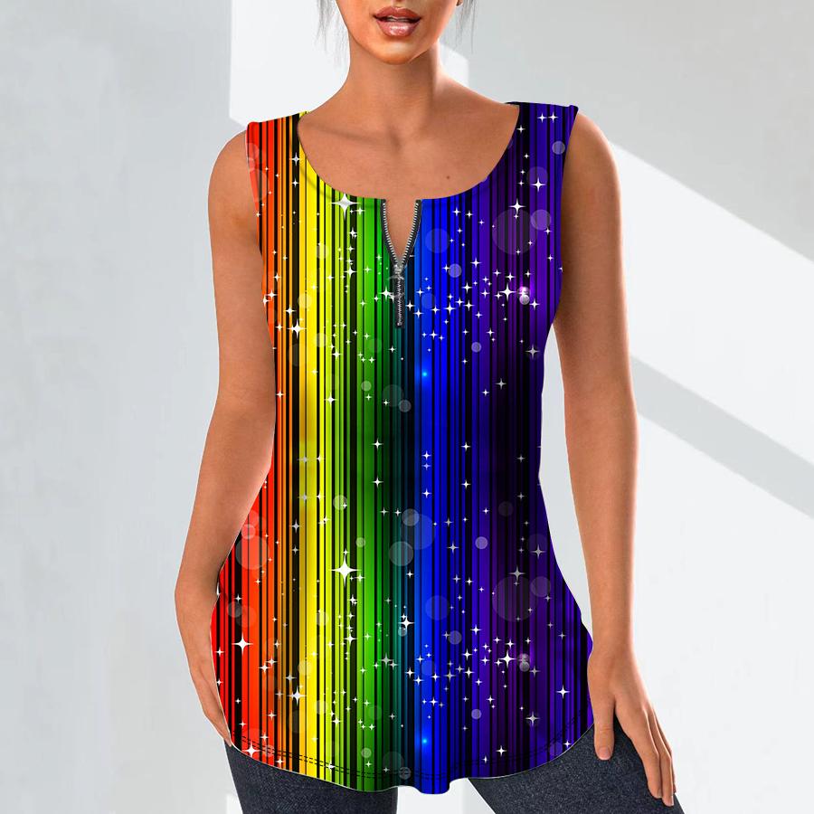 Women's Fashion V Neck Shirts Casual Tops T-shirt Ladies 3D Multicolored Lines Print Vest Plus Size Sleeveless Blouse Tank Tops