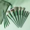 13-Piece Green Soft Bristle Makeup Brush Set for Blush, Eyeshadow, Concealer, Foundation, Loose Powder, Highlighter, and Eye Powder.