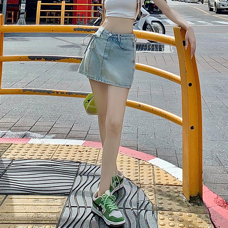 Молодежные и стройнящие светло-голубые шорты с высокой талией, из двух частей, юбка Sense, брюки, бретели, нестандартная модель Ms. Летняя модная джинсовая короткая юбка